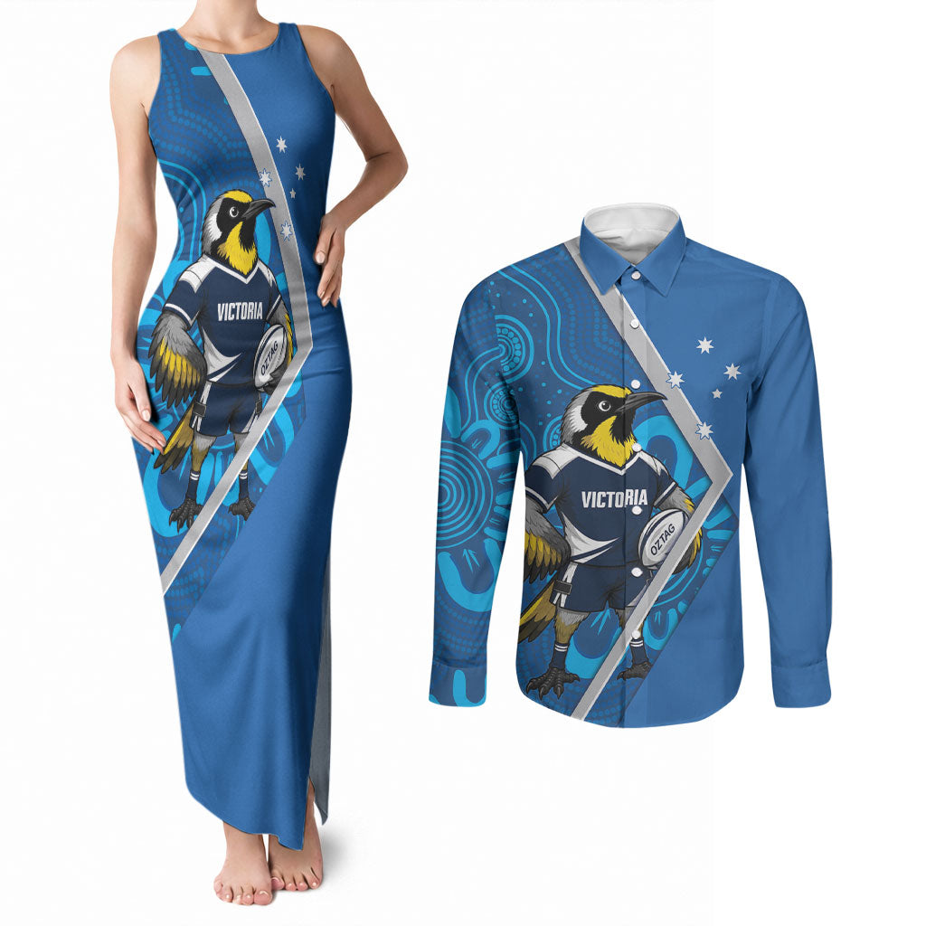 Victoria Oztag Custom Couples Matching Tank Maxi Dress and Long Sleeve Button Shirt Helmeted Honeyeater Mascot Indigenous Art