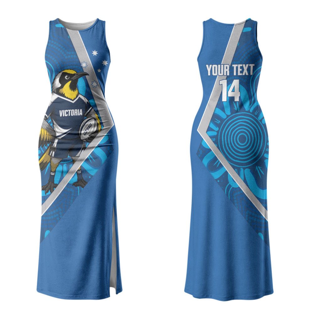 Victoria Oztag Custom Couples Matching Tank Maxi Dress and Long Sleeve Button Shirt Helmeted Honeyeater Mascot Indigenous Art