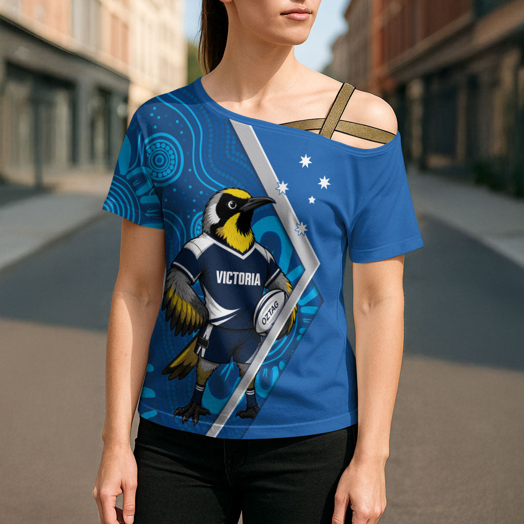 Victoria Oztag Custom Cross Shoulder Shirt Helmeted Honeyeater Mascot Indigenous Art