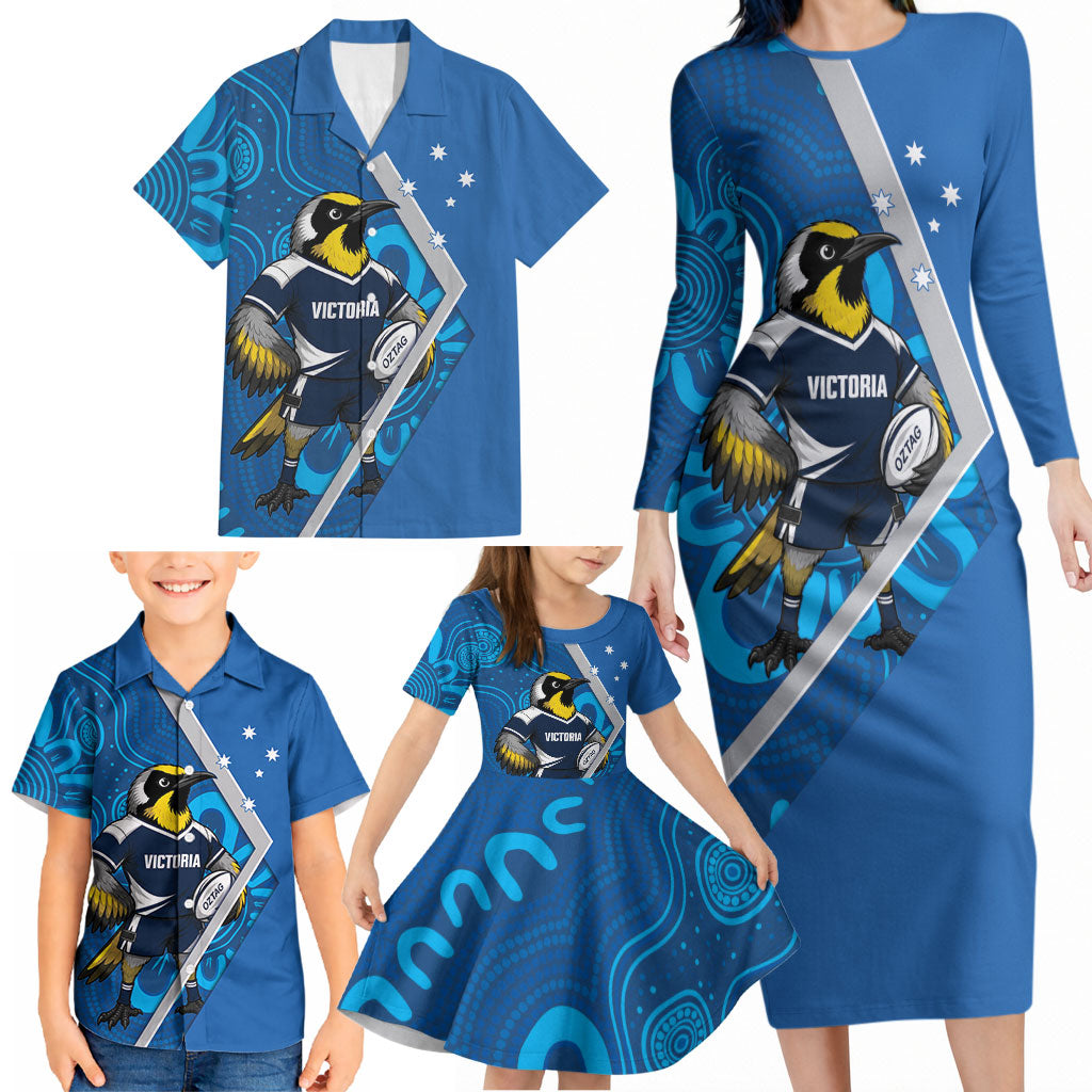 Victoria Oztag Custom Family Matching Long Sleeve Bodycon Dress and Hawaiian Shirt Helmeted Honeyeater Mascot Indigenous Art