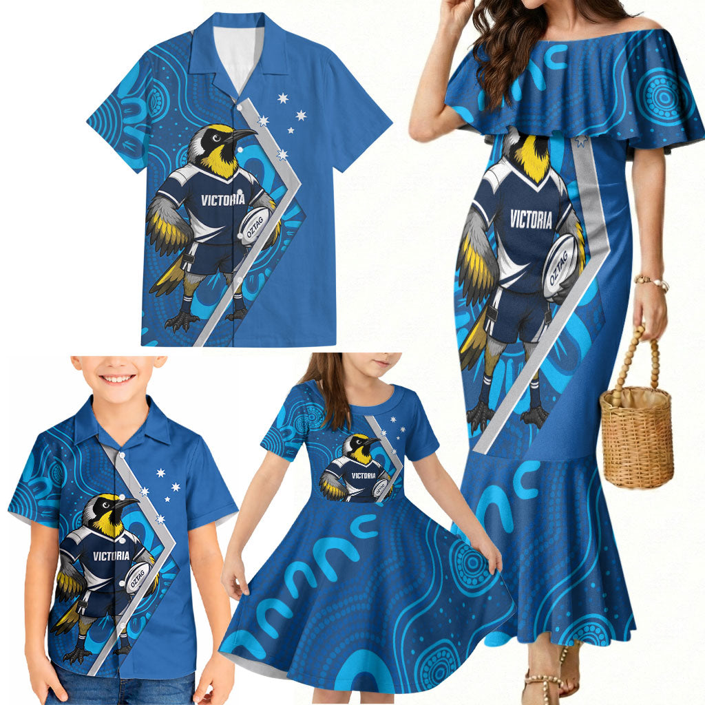 Victoria Oztag Custom Family Matching Mermaid Dress and Hawaiian Shirt Helmeted Honeyeater Mascot Indigenous Art
