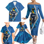 Victoria Oztag Custom Family Matching Off The Shoulder Long Sleeve Dress and Hawaiian Shirt Helmeted Honeyeater Mascot Indigenous Art