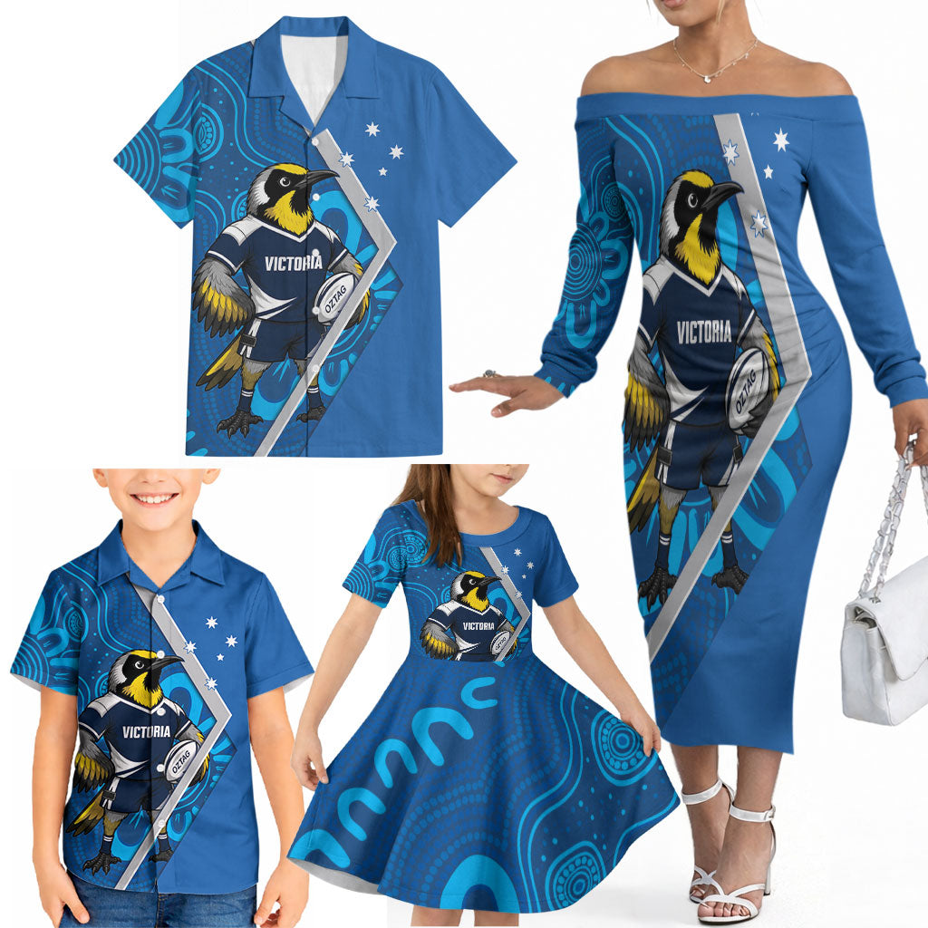 Victoria Oztag Custom Family Matching Off The Shoulder Long Sleeve Dress and Hawaiian Shirt Helmeted Honeyeater Mascot Indigenous Art
