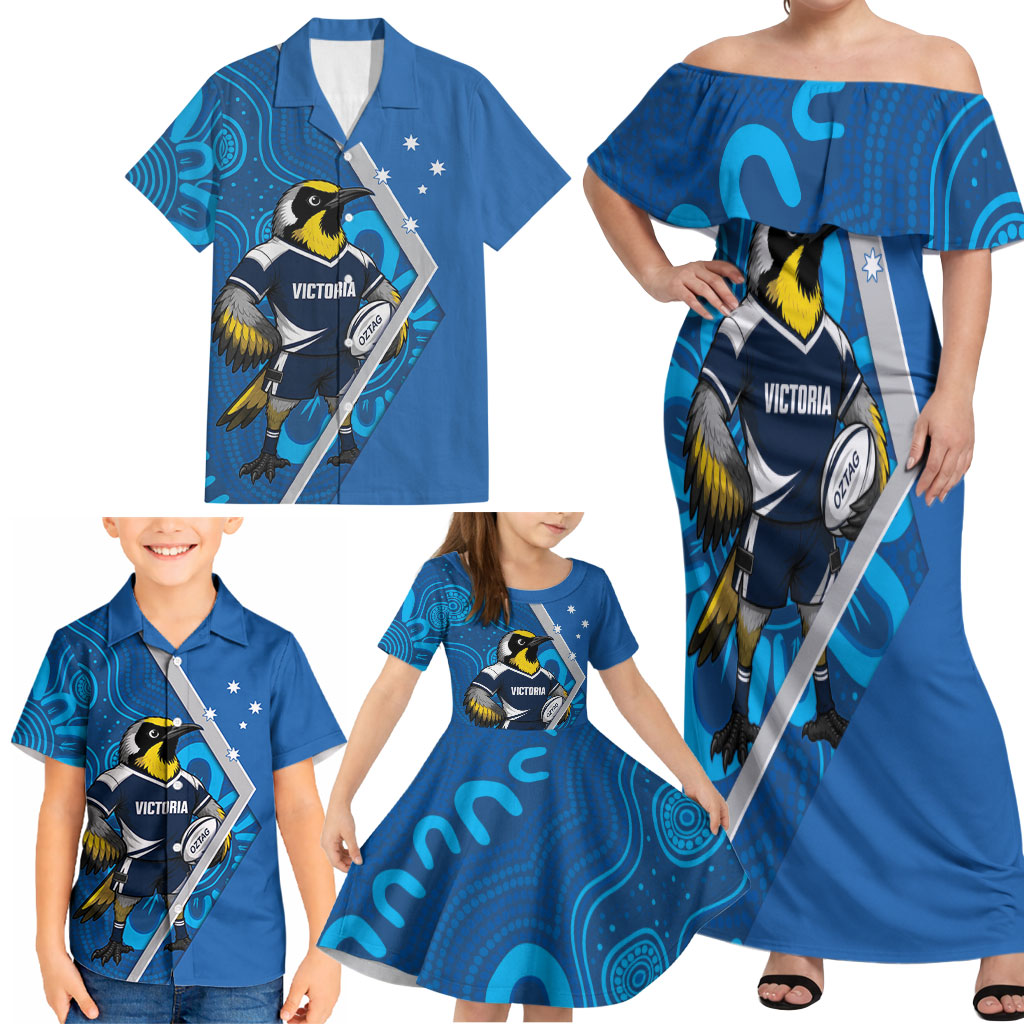 Victoria Oztag Custom Family Matching Off Shoulder Maxi Dress and Hawaiian Shirt Helmeted Honeyeater Mascot Indigenous Art