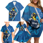 Victoria Oztag Custom Family Matching Off Shoulder Short Dress and Hawaiian Shirt Helmeted Honeyeater Mascot Indigenous Art