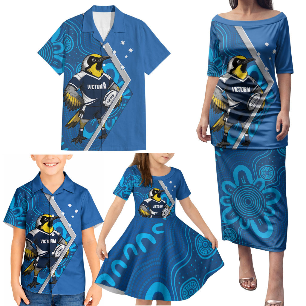 Victoria Oztag Custom Family Matching Puletasi and Hawaiian Shirt Helmeted Honeyeater Mascot Indigenous Art