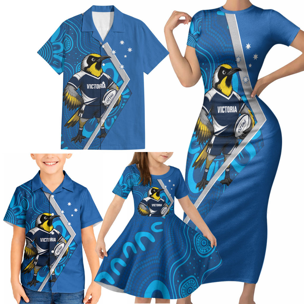 Victoria Oztag Custom Family Matching Short Sleeve Bodycon Dress and Hawaiian Shirt Helmeted Honeyeater Mascot Indigenous Art