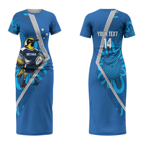Victoria Oztag Custom Family Matching Short Sleeve Bodycon Dress and Hawaiian Shirt Helmeted Honeyeater Mascot Indigenous Art