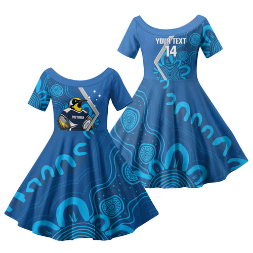 Victoria Oztag Custom Family Matching Short Sleeve Bodycon Dress and Hawaiian Shirt Helmeted Honeyeater Mascot Indigenous Art
