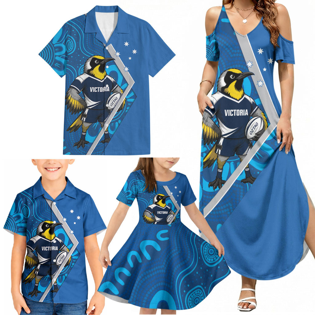 Victoria Oztag Custom Family Matching Summer Maxi Dress and Hawaiian Shirt Helmeted Honeyeater Mascot Indigenous Art