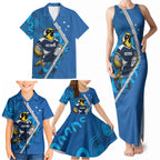 Victoria Oztag Custom Family Matching Tank Maxi Dress and Hawaiian Shirt Helmeted Honeyeater Mascot Indigenous Art