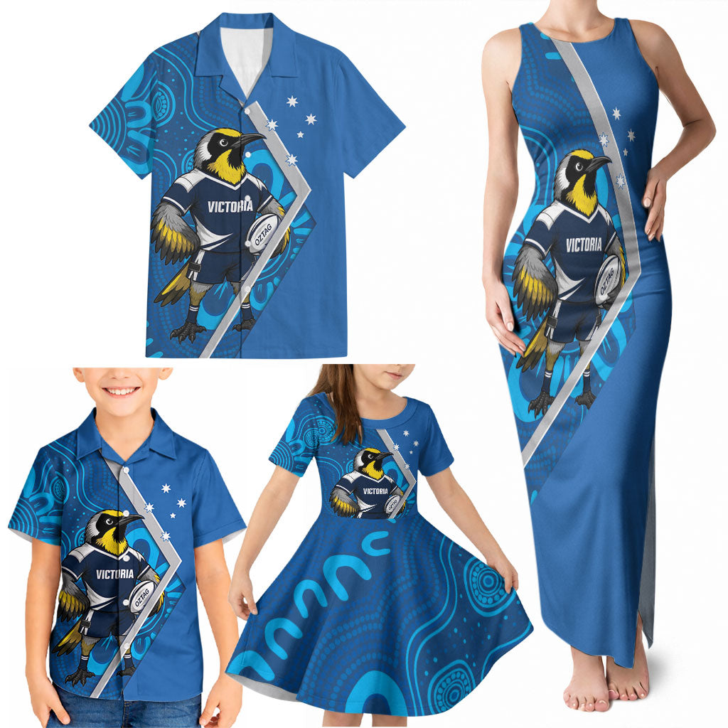 Victoria Oztag Custom Family Matching Tank Maxi Dress and Hawaiian Shirt Helmeted Honeyeater Mascot Indigenous Art
