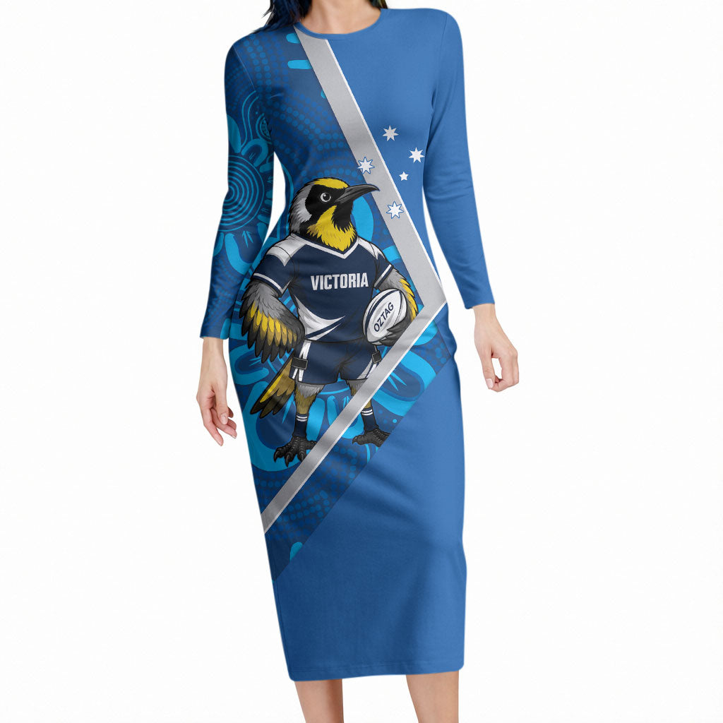 Victoria Oztag Custom Long Sleeve Bodycon Dress Helmeted Honeyeater Mascot Indigenous Art