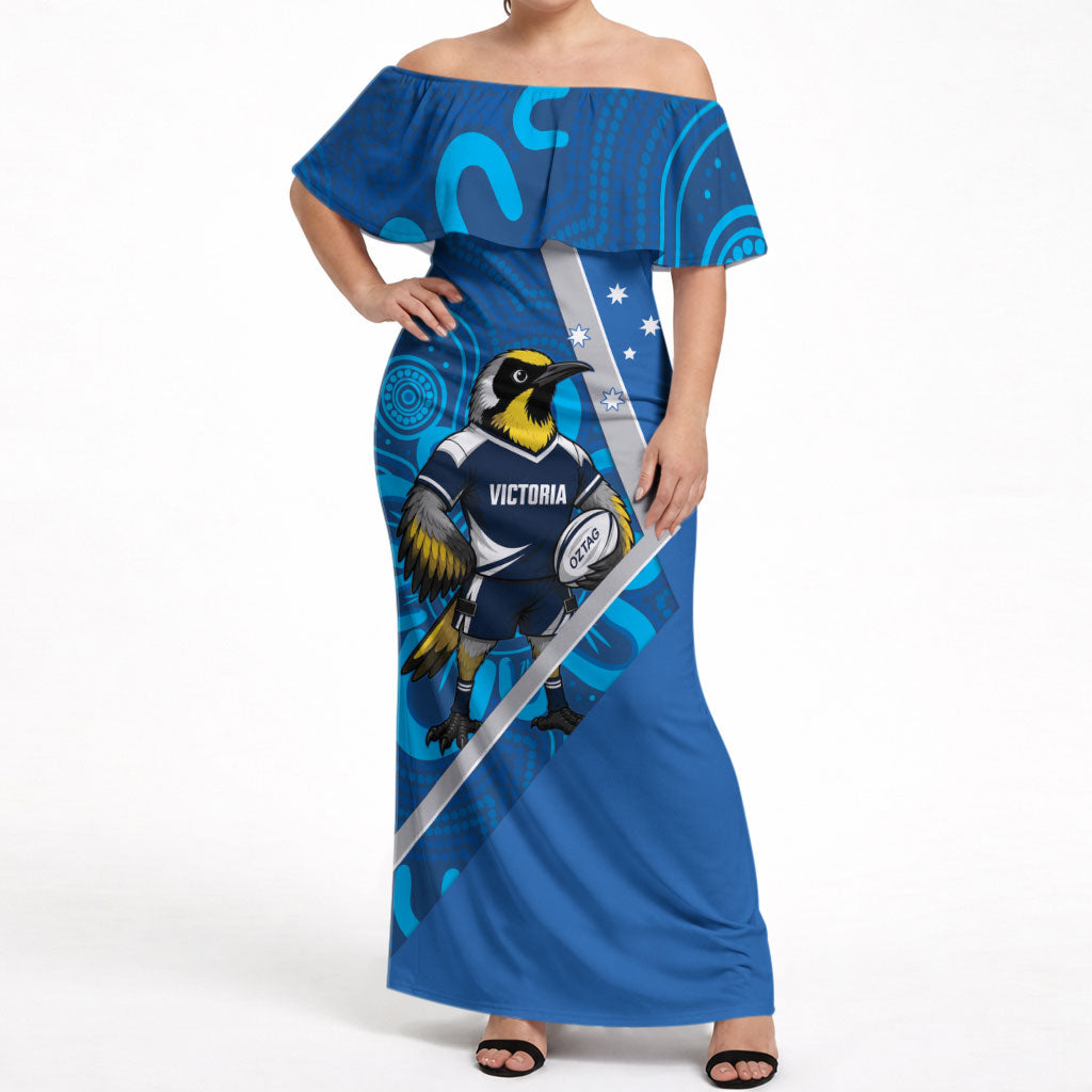 Victoria Oztag Custom Off Shoulder Maxi Dress Helmeted Honeyeater Mascot Indigenous Art
