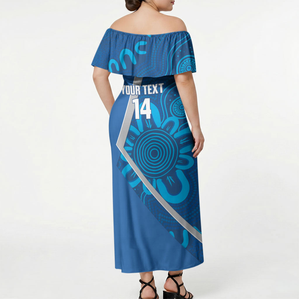 Victoria Oztag Custom Off Shoulder Maxi Dress Helmeted Honeyeater Mascot Indigenous Art