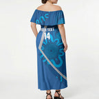 Victoria Oztag Custom Off Shoulder Maxi Dress Helmeted Honeyeater Mascot Indigenous Art