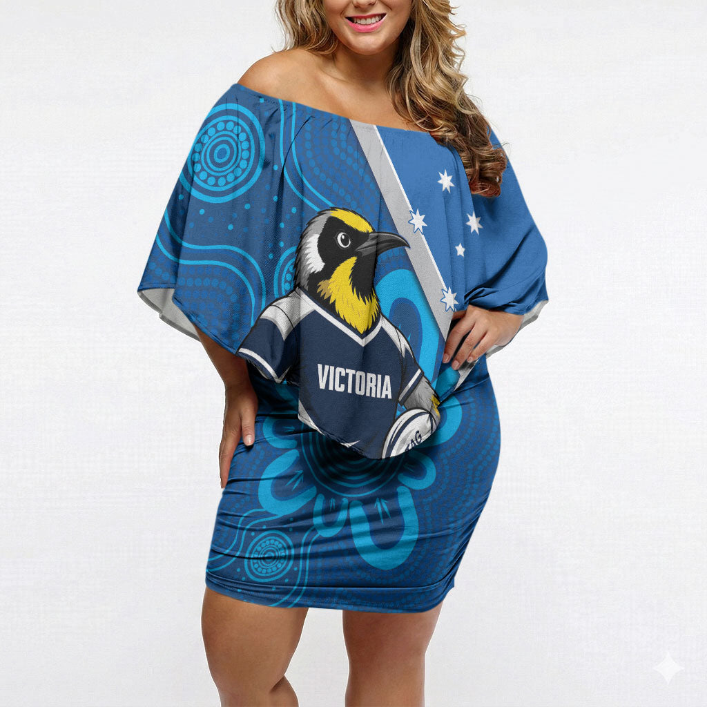 Victoria Oztag Custom Off Shoulder Short Dress Helmeted Honeyeater Mascot Indigenous Art