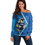 Victoria Oztag Custom Off Shoulder Sweater Helmeted Honeyeater Mascot Indigenous Art