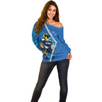 Victoria Oztag Custom Off Shoulder Sweater Helmeted Honeyeater Mascot Indigenous Art