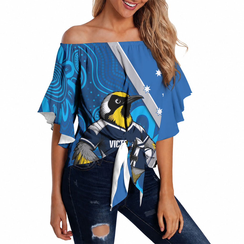 Victoria Oztag Custom Off Shoulder Wrap Waist Top Helmeted Honeyeater Mascot Indigenous Art