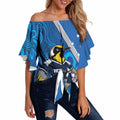 Victoria Oztag Custom Off Shoulder Wrap Waist Top Helmeted Honeyeater Mascot Indigenous Art