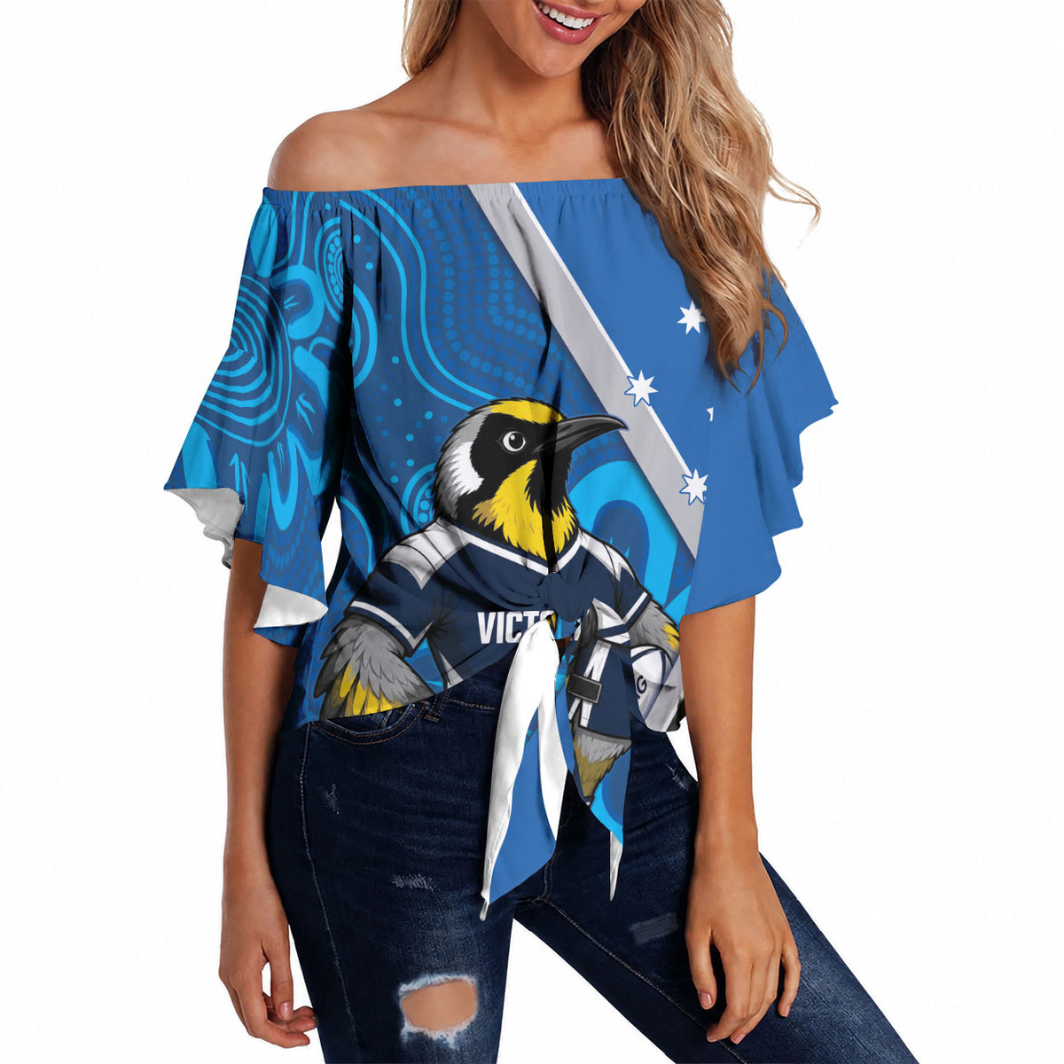 Victoria Oztag Custom Off Shoulder Wrap Waist Top Helmeted Honeyeater Mascot Indigenous Art