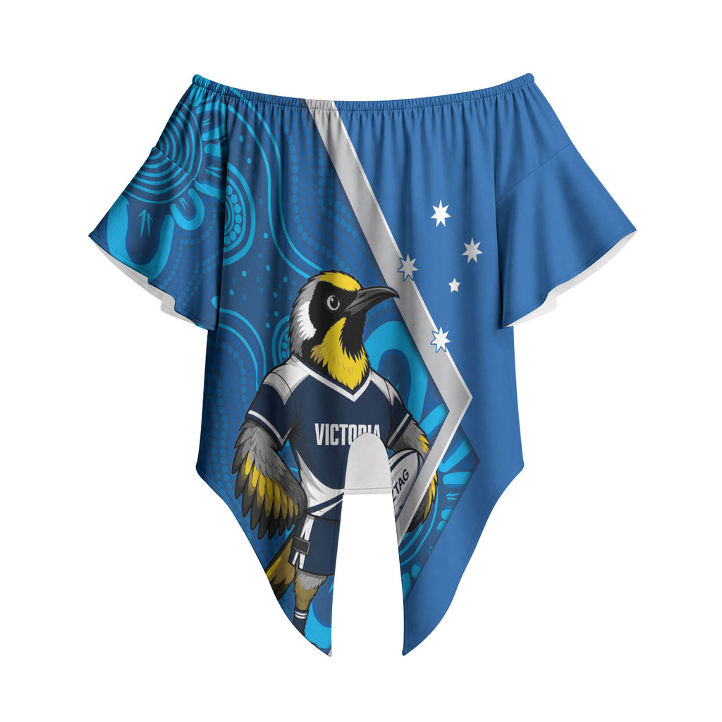 Victoria Oztag Custom Off Shoulder Wrap Waist Top Helmeted Honeyeater Mascot Indigenous Art