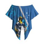 Victoria Oztag Custom Off Shoulder Wrap Waist Top Helmeted Honeyeater Mascot Indigenous Art