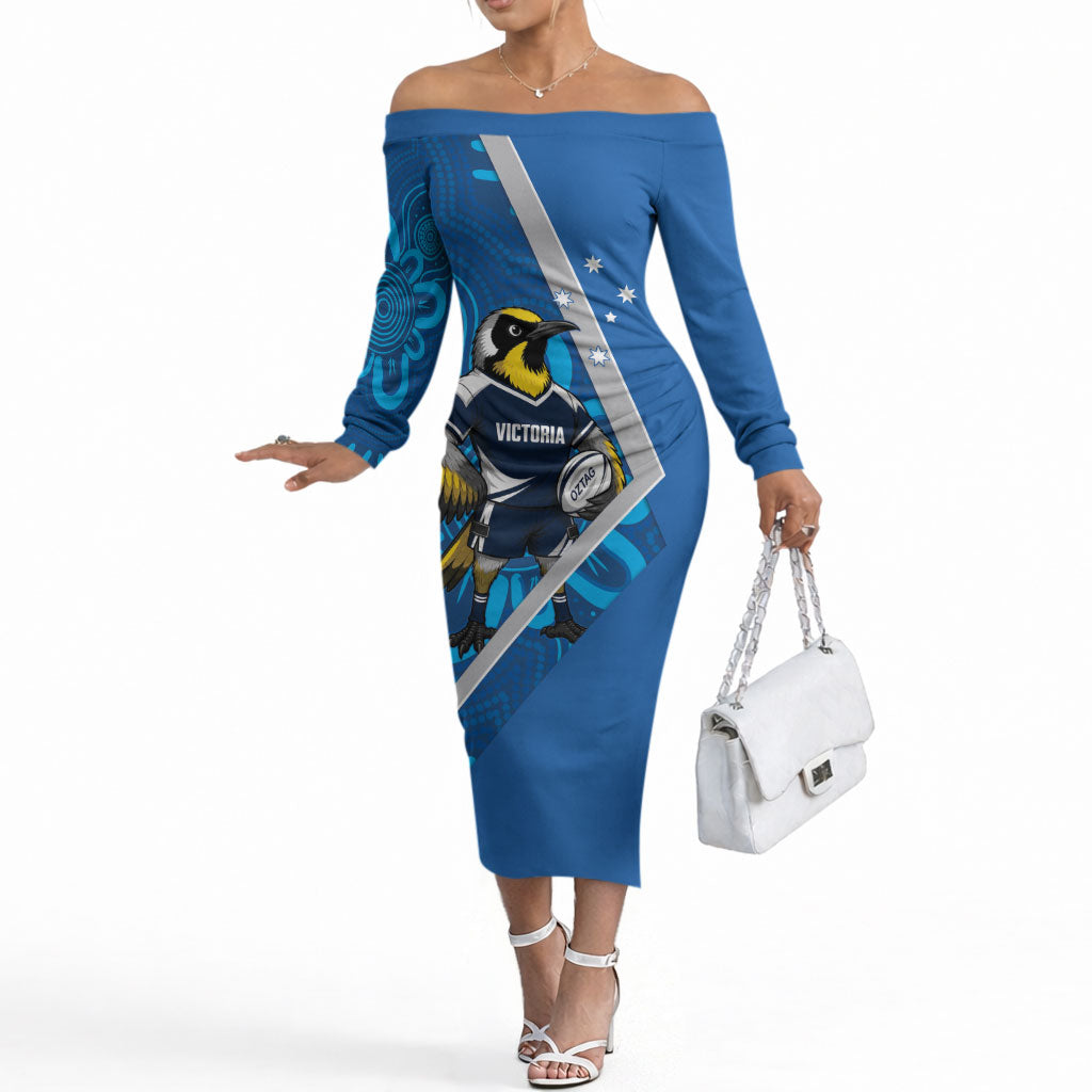 Victoria Oztag Custom Off The Shoulder Long Sleeve Dress Helmeted Honeyeater Mascot Indigenous Art