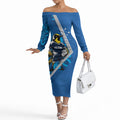 Victoria Oztag Custom Off The Shoulder Long Sleeve Dress Helmeted Honeyeater Mascot Indigenous Art