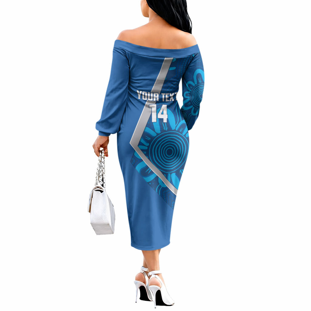 Victoria Oztag Custom Off The Shoulder Long Sleeve Dress Helmeted Honeyeater Mascot Indigenous Art