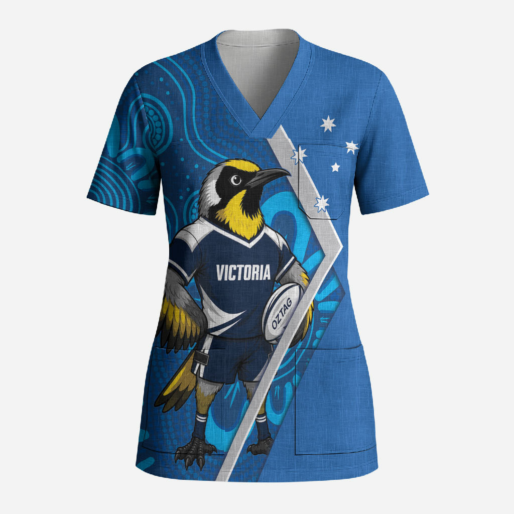 Victoria Oztag Custom Scrub Top Helmeted Honeyeater Mascot Indigenous Art