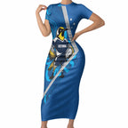 Victoria Oztag Custom Short Sleeve Bodycon Dress Helmeted Honeyeater Mascot Indigenous Art