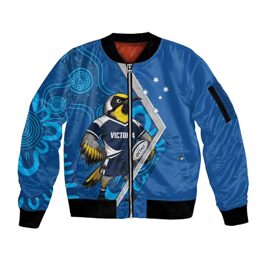 Victoria Oztag Custom Sleeve Zip Bomber Jacket Helmeted Honeyeater Mascot Indigenous Art