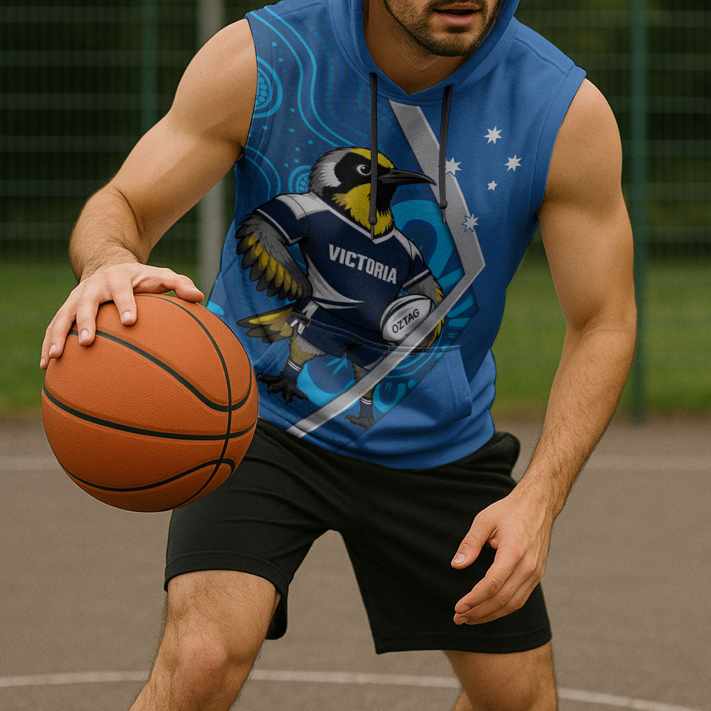 Victoria Oztag Custom Sleeveless Hoodie Helmeted Honeyeater Mascot Indigenous Art