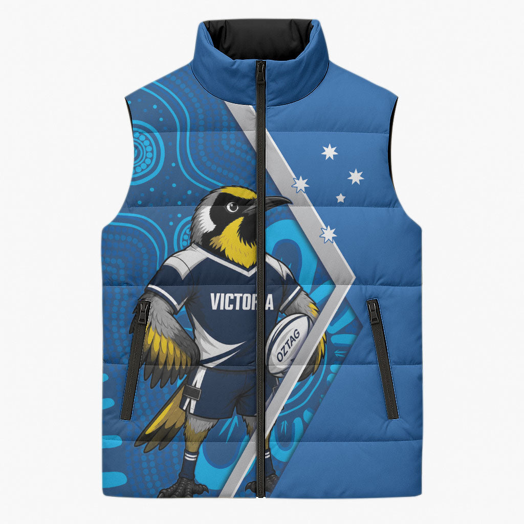 Victoria Oztag Custom Sleeveless Puffer Jacket Helmeted Honeyeater Mascot Indigenous Art