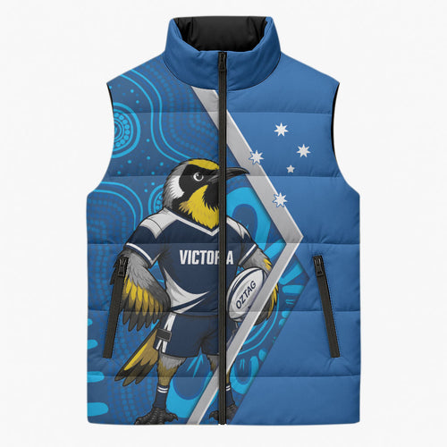 Victoria Oztag Custom Sleeveless Puffer Jacket Helmeted Honeyeater Mascot Indigenous Art