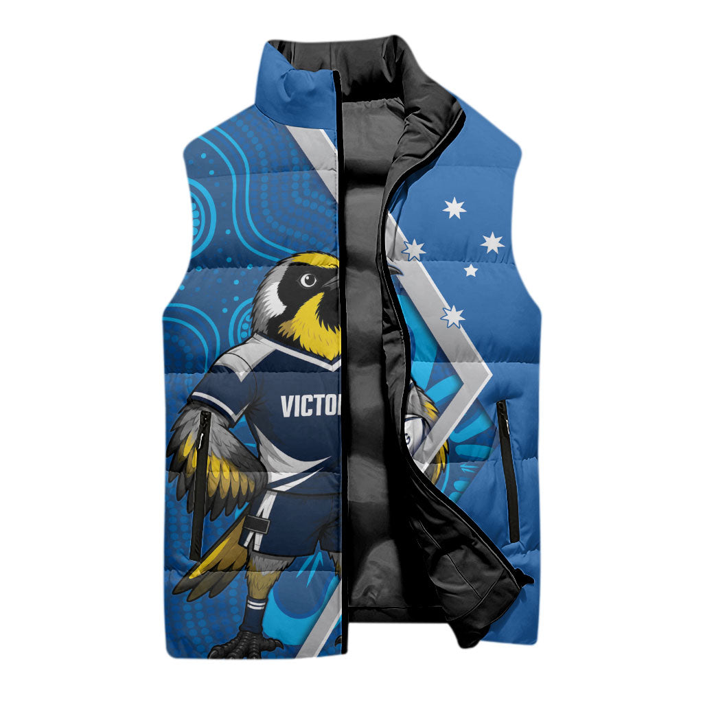 Victoria Oztag Custom Sleeveless Puffer Jacket Helmeted Honeyeater Mascot Indigenous Art