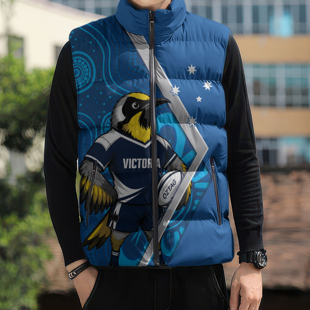 Victoria Oztag Custom Sleeveless Puffer Jacket Helmeted Honeyeater Mascot Indigenous Art