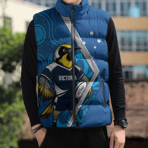 Victoria Oztag Custom Sleeveless Puffer Jacket Helmeted Honeyeater Mascot Indigenous Art