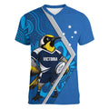 Victoria Oztag Custom Women V-Neck T-Shirt Helmeted Honeyeater Mascot Indigenous Art