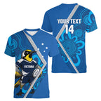 Victoria Oztag Custom Women V-Neck T-Shirt Helmeted Honeyeater Mascot Indigenous Art