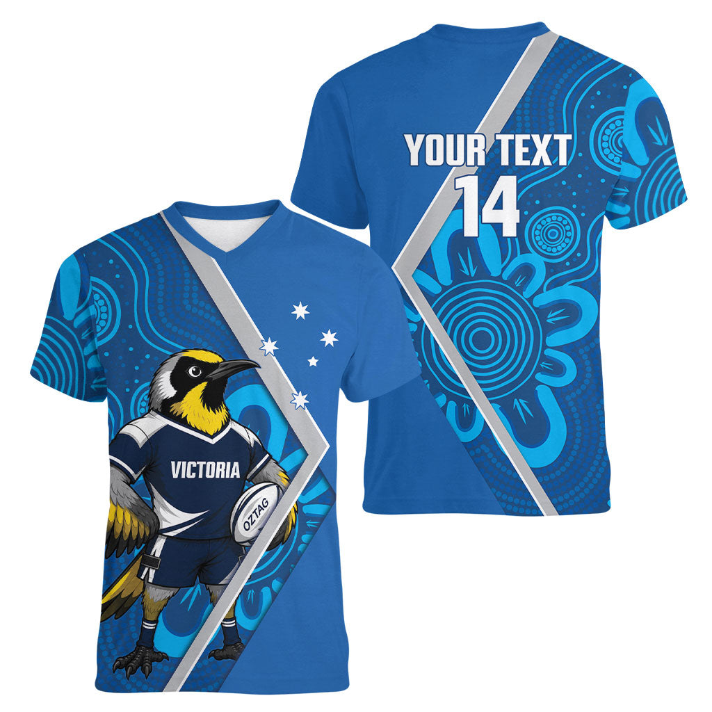 Victoria Oztag Custom Women V-Neck T-Shirt Helmeted Honeyeater Mascot Indigenous Art