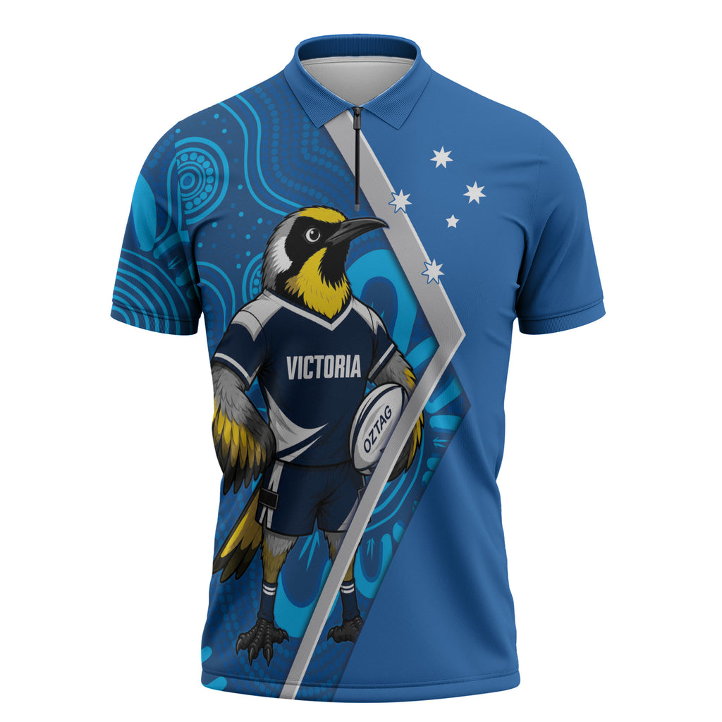 Victoria Oztag Custom Zipper Polo Shirt Helmeted Honeyeater Mascot Indigenous Art