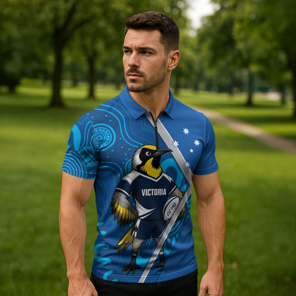 Victoria Oztag Custom Zipper Polo Shirt Helmeted Honeyeater Mascot Indigenous Art