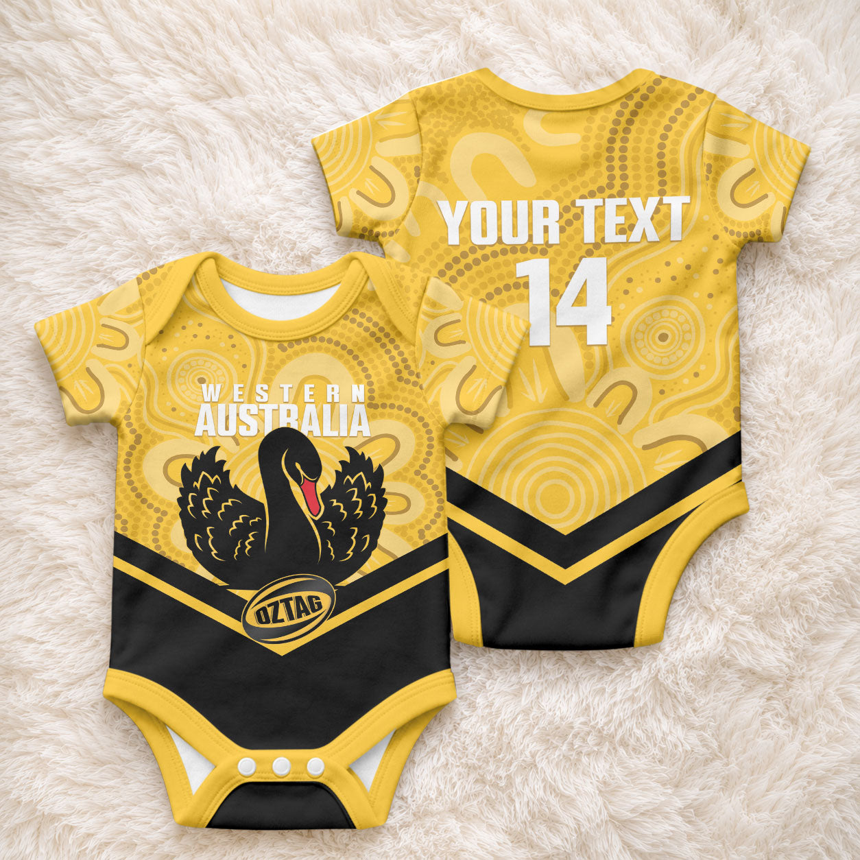 Western Australia Oztag Custom Baby Onesie WA Black Swan Indigenous Art