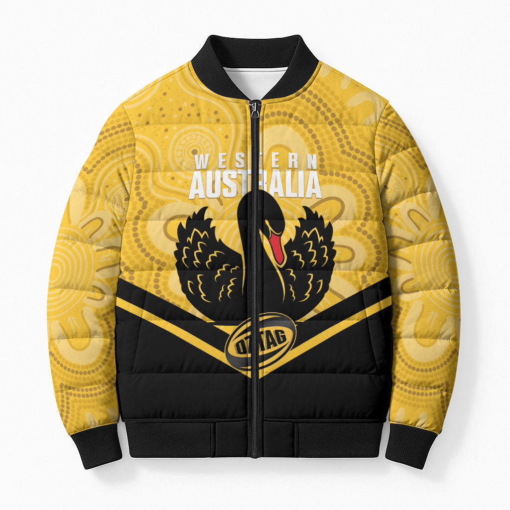 Western Australia Oztag Custom Bomber Puffer Jacket WA Black Swan Indigenous Art
