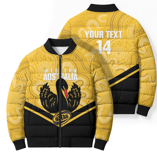 Western Australia Oztag Custom Bomber Puffer Jacket WA Black Swan Indigenous Art