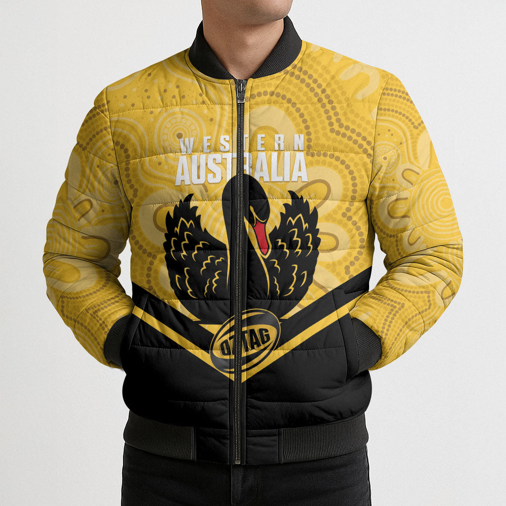 Western Australia Oztag Custom Bomber Puffer Jacket WA Black Swan Indigenous Art