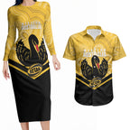 Western Australia Oztag Custom Couples Matching Long Sleeve Bodycon Dress and Hawaiian Shirt WA Black Swan Indigenous Art